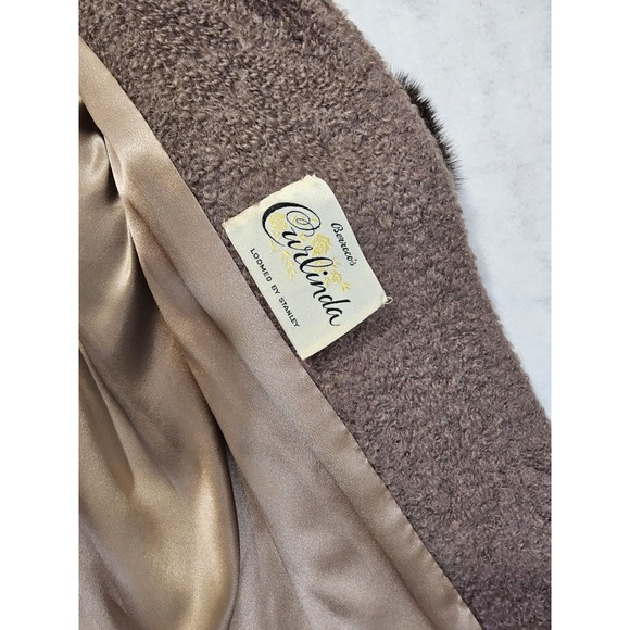 Vtg Swing Coat L /  12 / 14 Wool Capelet Cape Mink Fur 50s 60s Brown Boucle - Picture 9 of 9